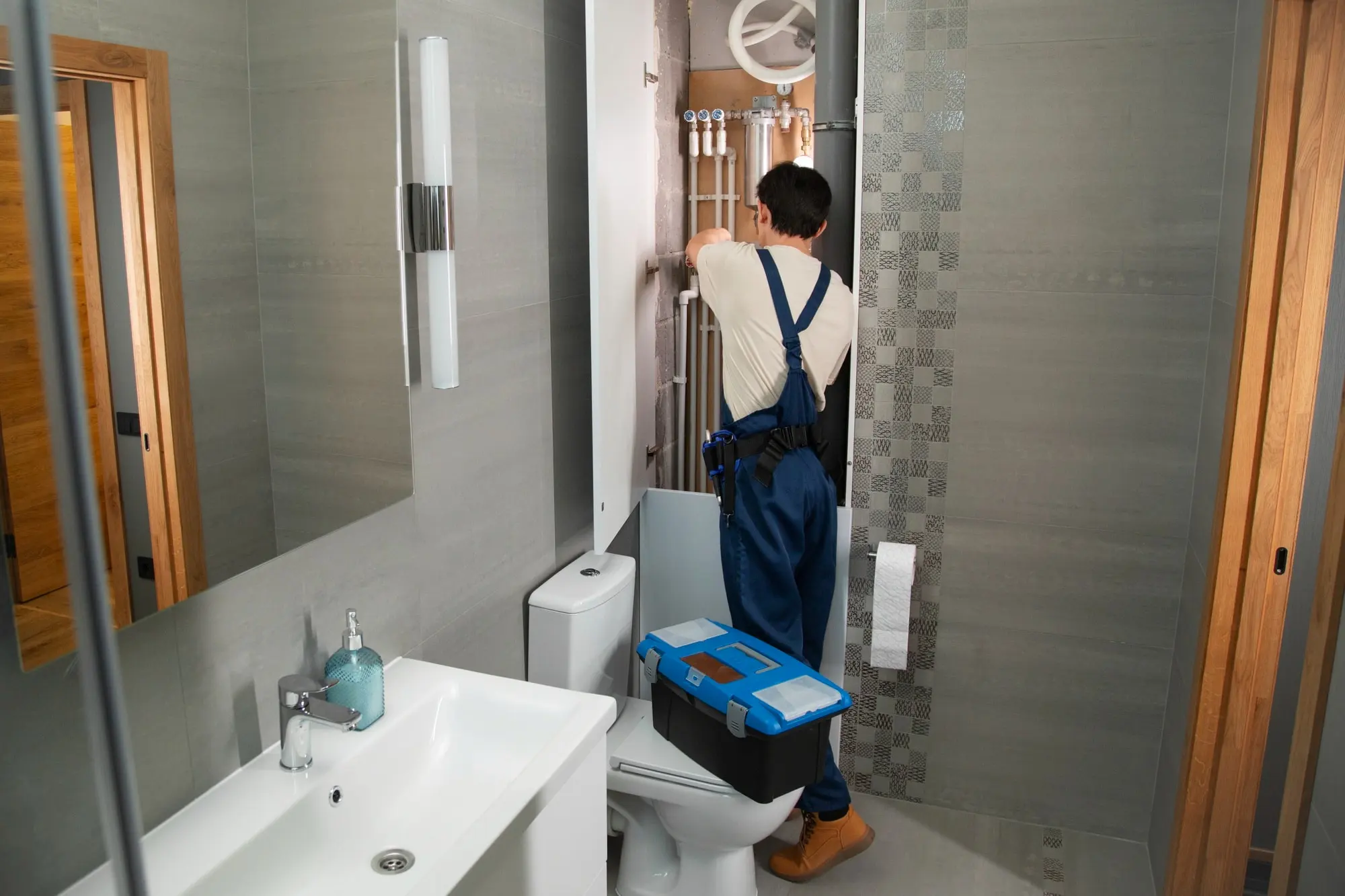 Bathroom plumbing and wall repair work in progress